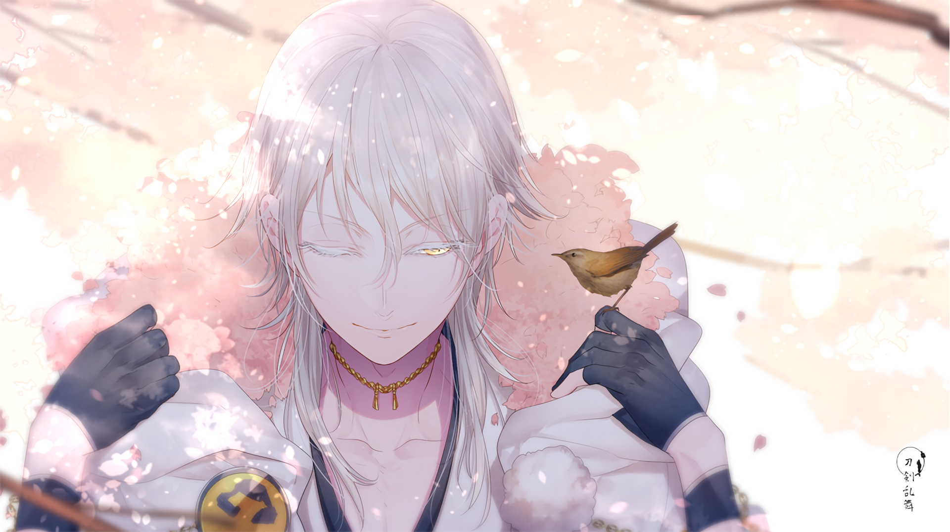 HD anime desktop wallpaper featuring a serene character from Touken Ranbu with silver hair, soft lighting, and a small bird perched on their gloved hand.
