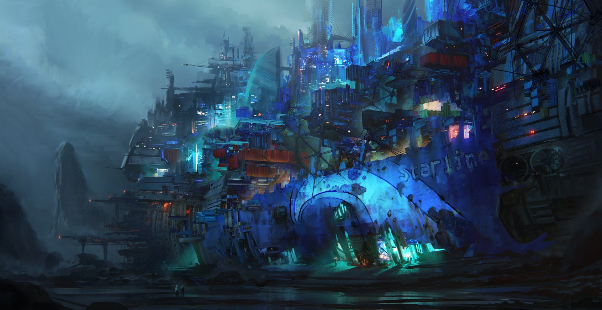 HD desktop wallpaper depicting a vibrant, futuristic sci-fi cityscape illuminated by colorful neon lights, shrouded in a moody, atmospheric haze.
