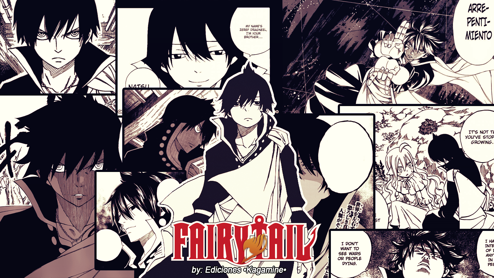 A dynamic HD wallpaper featuring Mavis Vermilion and Zeref Dragneel from the anime Fairy Tail, showcasing scenes and emotional moments from the series in a striking collage.