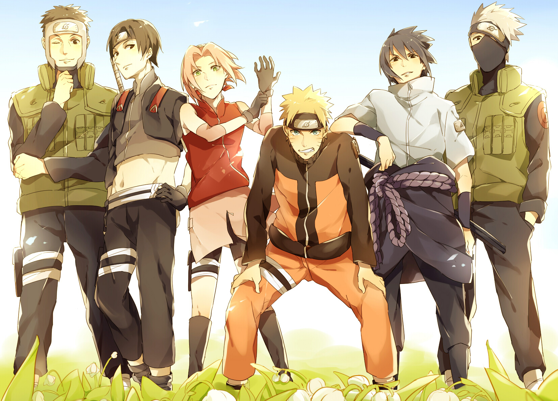 HD desktop wallpaper featuring Yamato, Sai, Kakashi Hatake, Sasuke Uchiha, Sakura Haruno, and Naruto Uzumaki from the anime Naruto, standing together in a sunny field.