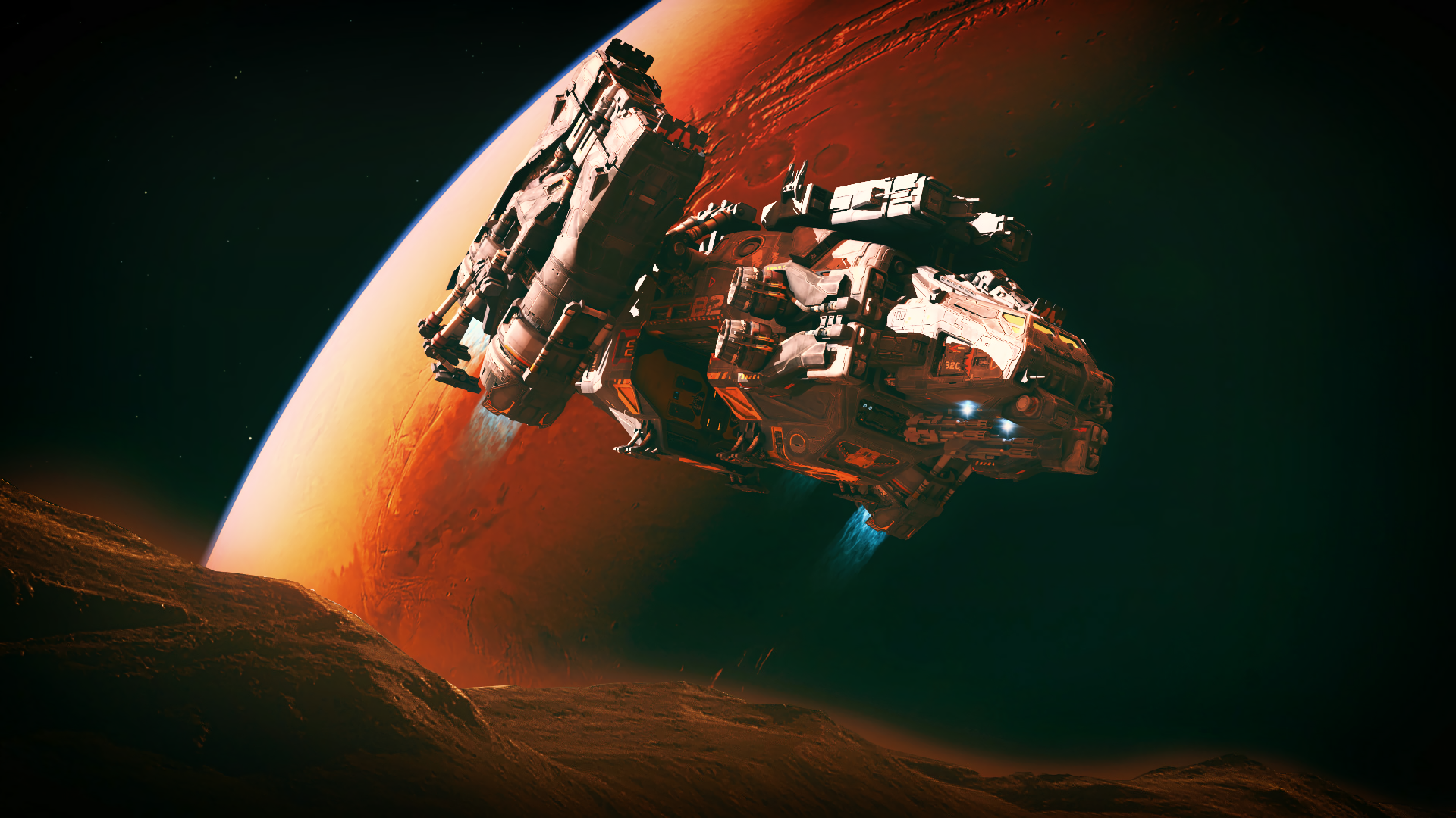 HD Sci-Fi desktop wallpaper depicting a detailed spaceship orbiting a reddish planet in deep space.