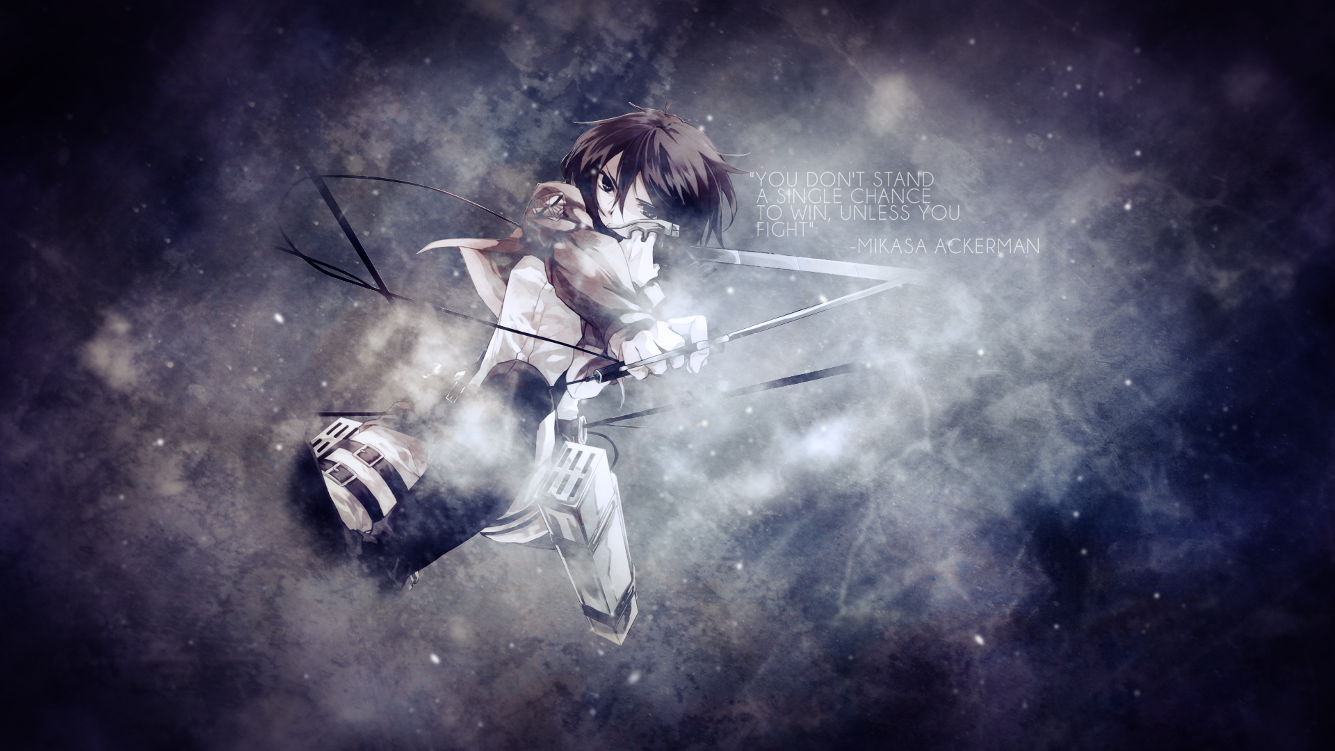 HD anime desktop wallpaper featuring Mikasa Ackerman from Attack on Titan in dynamic action pose against a smoky, textured background.