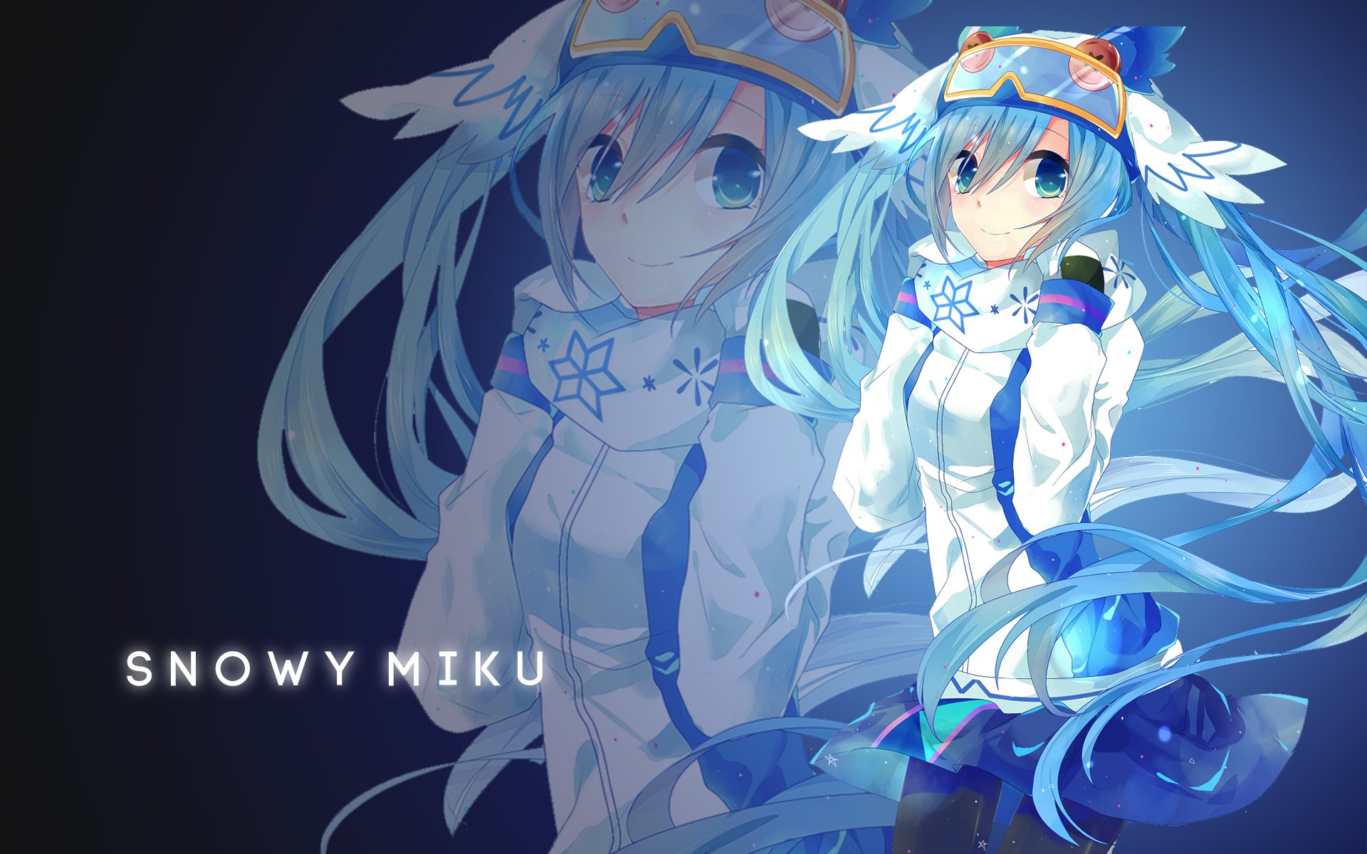 HD anime desktop wallpaper featuring Snowy Miku, a winter-themed version of Hatsune Miku from the Vocaloid series, with icy blue tones and detailed winter attire.