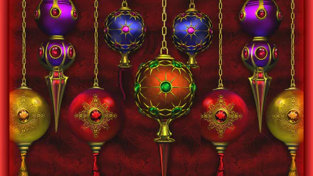 Colorful holiday Christmas ornaments with intricate designs hang against a rich red background, creating a vibrant and festive HD desktop wallpaper.