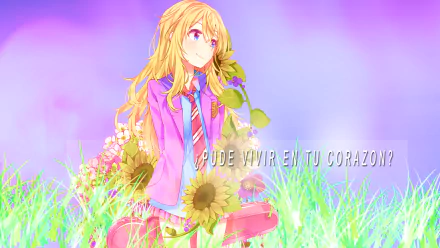 Kaori Miyazono from Your Lie in April sits amidst colorful flowers and vibrant grass, embodying the beauty and emotion of the anime in this HD desktop wallpaper.