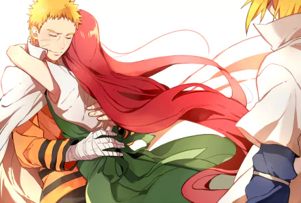 HD desktop wallpaper featuring Naruto Uzumaki hugging Kushina Uzumaki as Minato Namikaze looks on. The characters are from the anime series Naruto.