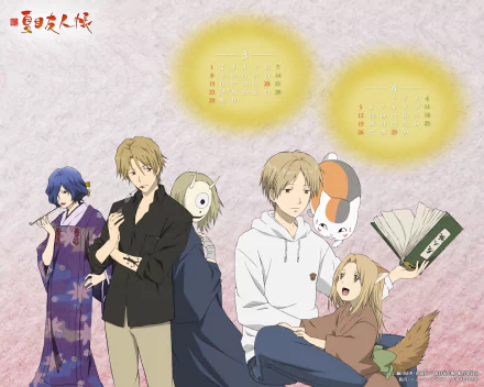 HD PC desktop wallpaper featuring characters from the anime Natsume Yuujinchou (Natsume's Book of Friends) with soft pastel backgrounds and a gentle, warm atmosphere.