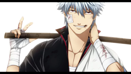 HD PC desktop wallpaper featuring an anime character from Gintama with silver hair, a bandage on his cheek, and a wooden sword resting on his shoulders.