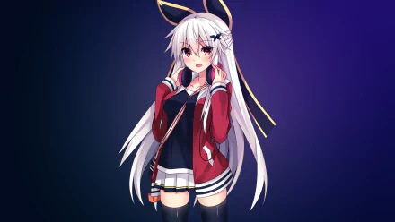 An anime character from Kantai Collection with long white hair, wearing headphones, a skirt, thigh highs, and a jacket, smiles and blushes. HD wallpaper and background.