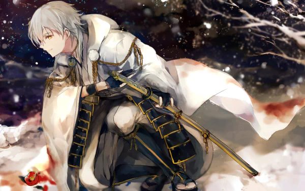 Anime-inspired HD wallpaper featuring a character from Touken Ranbu, depicted in a snowy landscape, holding a sword with a contemplative expression.