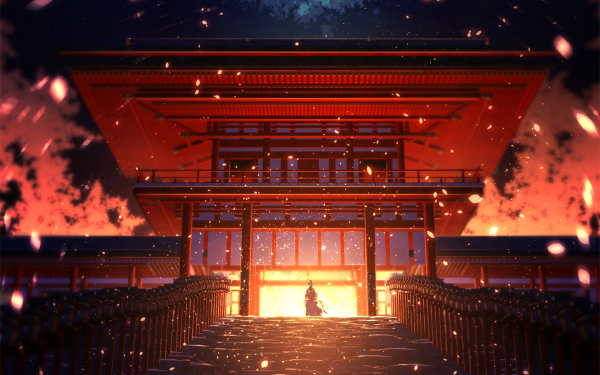 Anime Touken Ranbu Mikazuki Munechika Temple Shrine Fire HD Wallpaper | Background Image