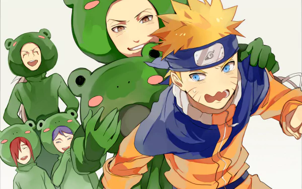 A vibrant HD wallpaper featuring Naruto Uzumaki playfully racing with Nagato, Konan, and Jiraiya, all wearing cute frog costumes. The fun captures the spirit of the anime Naruto.