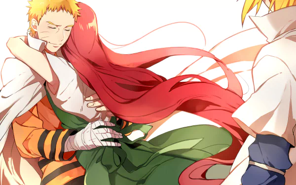 HD desktop wallpaper featuring Naruto Uzumaki hugging Kushina Uzumaki as Minato Namikaze looks on. The characters are from the anime series Naruto.