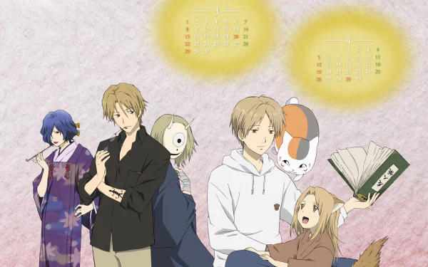 HD PC desktop wallpaper featuring characters from the anime Natsume Yuujinchou (Natsume's Book of Friends) with soft pastel backgrounds and a gentle, warm atmosphere.