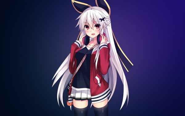 Anime Kantai Collection Blush Smile White Hair Long Hair Skirt Thigh Highs Headphones HD Wallpaper | Background Image