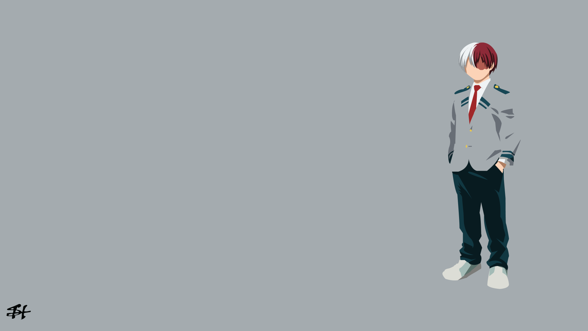 Minimalist 4K Ultra HD wallpaper featuring Shoto Todoroki from My Hero Academia, showcasing his distinct look against a simple gray background.
