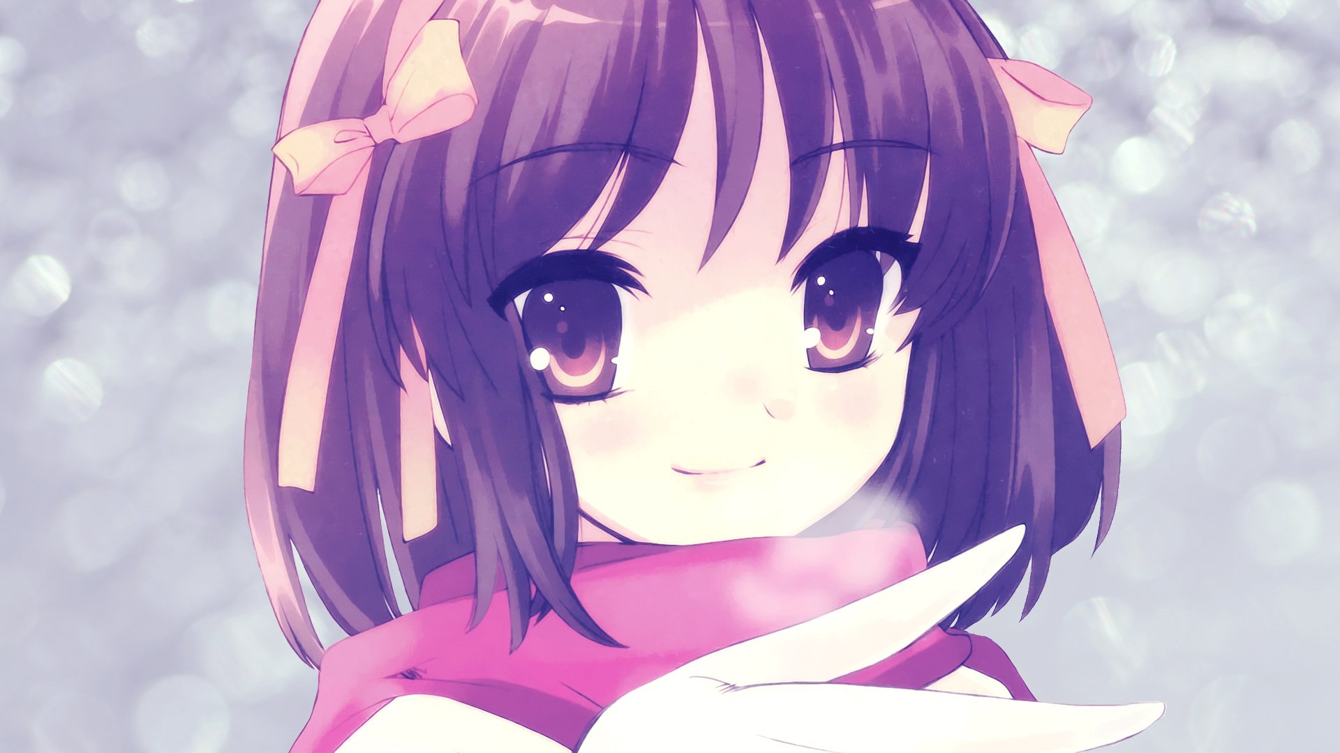 Haruhi Suzumiya from The Melancholy of Haruhi Suzumiya — anime HD PC desktop wallpaper of a smiling purple-haired girl with ribbons and pink scarf, hand extended against a soft bokeh background.