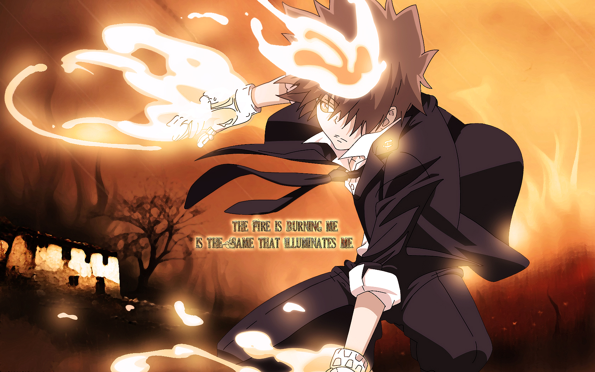 Anime HD desktop wallpaper from Katekyō Hitman Reborn! featuring a fiery character in action with a glowing flame against a dark, orange-hued background.