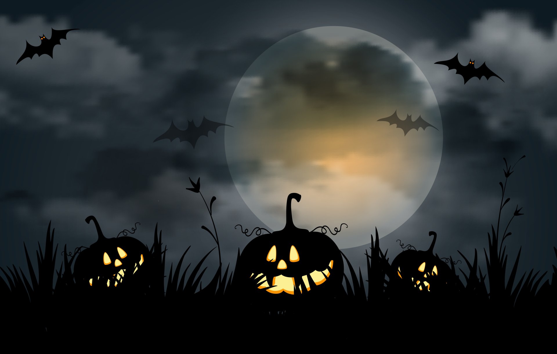 A 4K Ultra HD Halloween desktop wallpaper featuring glowing jack-o'-lanterns, bats flying at night, and a full moon casting light over a spooky holiday scene.