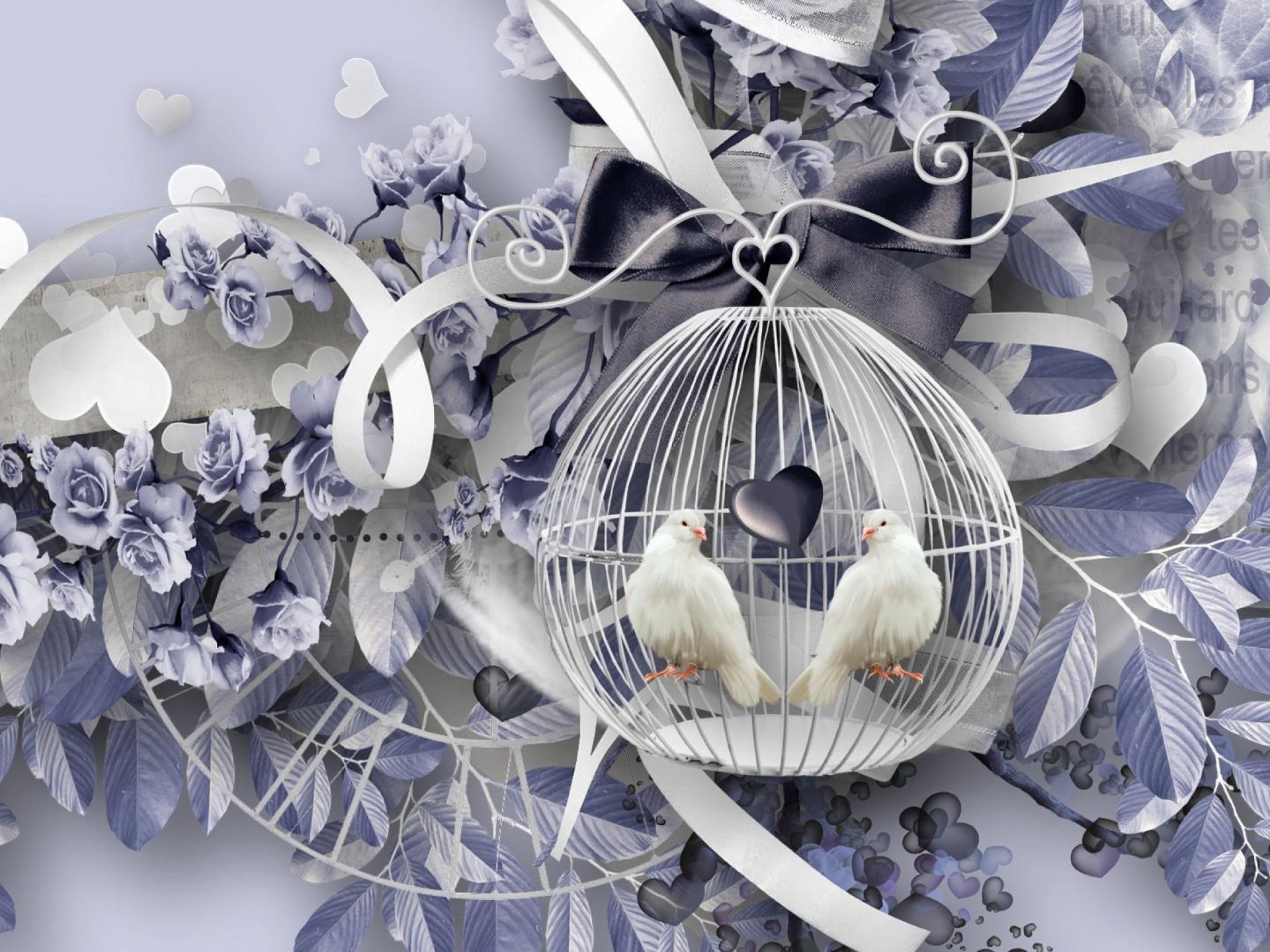 Download Birdcage White Blue Ribbon Dove Bird Artistic Flower HD Wallpaper