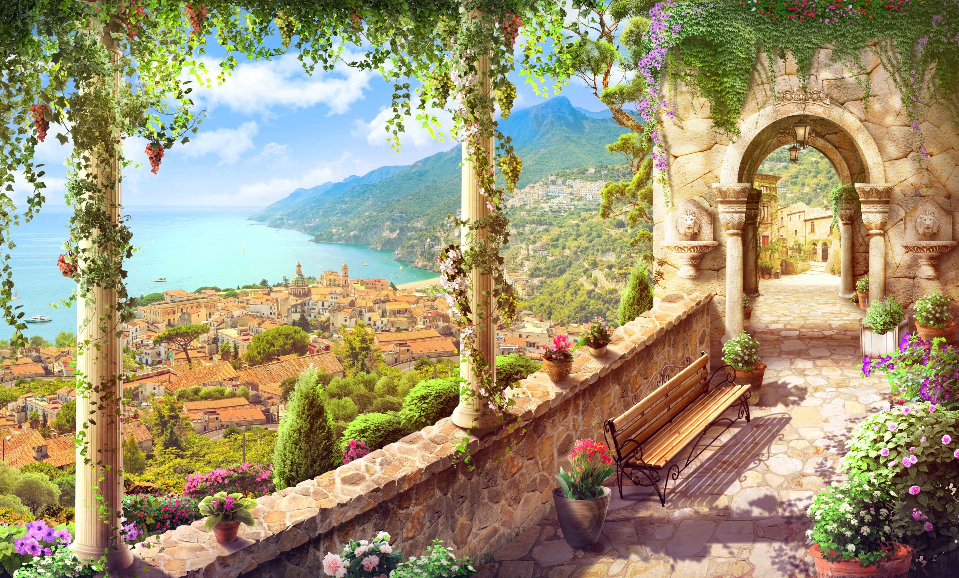 A vibrant artistic painting of a coastal Italian town, featuring lush mountains, ancient columns, and blooming flowers, creating a serene and picturesque scene.