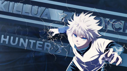 HD wallpaper featuring Killua Zoldyck from the anime Hunter x Hunter, showcasing his dynamic pose with electrifying effects in a striking blue background.