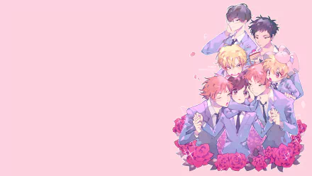 Anime-themed HD desktop wallpaper featuring characters from Ouran High School Host Club against a soft pink background with rose accents.