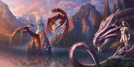 HD fantasy desktop wallpaper featuring majestic dragons soaring above a serene lake surrounded by towering mountains and ancient ruins at sunset.