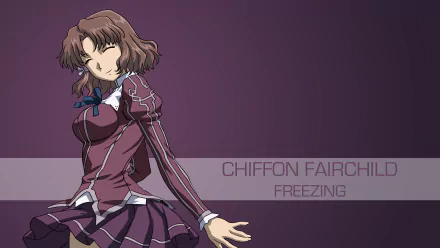 Chiffon Aoi from the anime Freezing in a maroon school uniform, smiling and reaching out against a purple gradient — 4K Ultra HD PC desktop wallpaper/background.