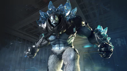 HD desktop wallpaper of a character from the video game CrossFire, featuring a large, muscular, futuristic ice creature with crystal spikes against a dimly lit industrial background.