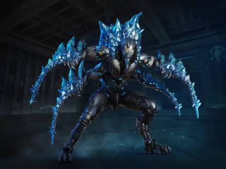An HD desktop wallpaper featuring a character from the video game CrossFire, depicting a futuristic armored warrior with crystalline blue spikes, standing in a dimly lit futuristic environment.