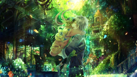 HD PC desktop wallpaper featuring vibrant, detailed artwork from the video game Tales of Xillia 2, showing two characters embracing in a luminous, magical forest setting.