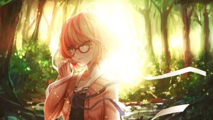 A vibrant illustration of Mirai Kuriyama from the anime *Beyond the Boundary*, set in a sunlit forest, exuding a magical and enchanting atmosphere.