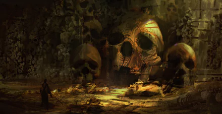 Dark fantasy warrior scene featuring a giant skull-shaped fortress surrounded by smaller skulls in a shadowy, eerie landscape, rendered as an HD PC desktop wallpaper.