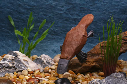 A detailed origami platypus crafted from brown paper, displayed underwater among rocks and aquatic plants, featured as a 4K Ultra HD PC desktop wallpaper.