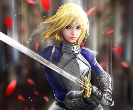 HD wallpaper of Saber from Fate/Stay Night anime series, featuring her in battle-ready pose with a sword and wearing a blue and silver armor. Red petals float in the background, adding a dramatic effect.