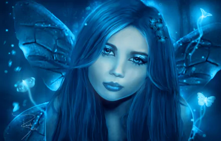 A blue-toned fantasy fairy with delicate wings surrounded by glowing butterflies, rendered in HD for a PC desktop wallpaper background.