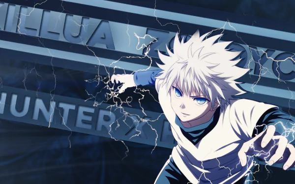 HD wallpaper featuring Killua Zoldyck from the anime Hunter x Hunter, showcasing his dynamic pose with electrifying effects in a striking blue background.