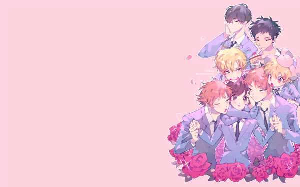 Anime-themed HD desktop wallpaper featuring characters from Ouran High School Host Club against a soft pink background with rose accents.