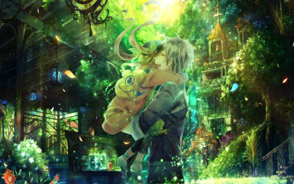 HD PC desktop wallpaper featuring vibrant, detailed artwork from the video game Tales of Xillia 2, showing two characters embracing in a luminous, magical forest setting.