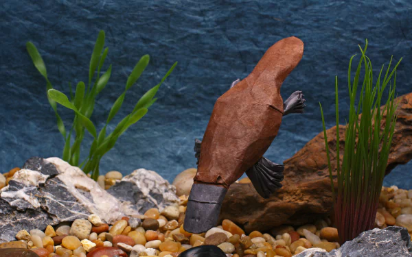 A detailed origami platypus crafted from brown paper, displayed underwater among rocks and aquatic plants, featured as a 4K Ultra HD PC desktop wallpaper.