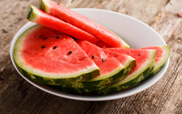 A vibrant 4K Ultra HD wallpaper featuring a bowl of fresh watermelon slices resting on a rustic wooden table, showcasing the juicy, red fruit against the natural backdrop.