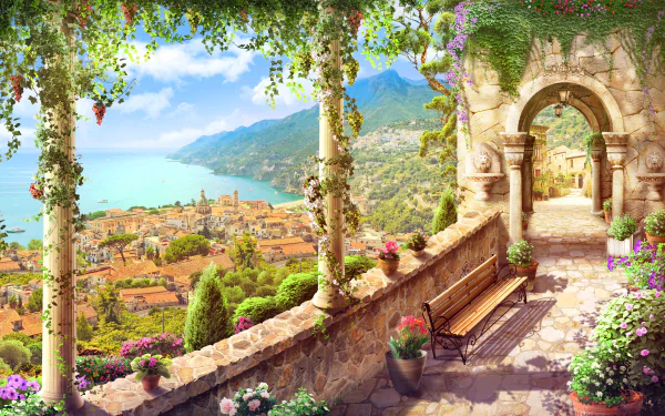 A vibrant artistic painting of a coastal Italian town, featuring lush mountains, ancient columns, and blooming flowers, creating a serene and picturesque scene.