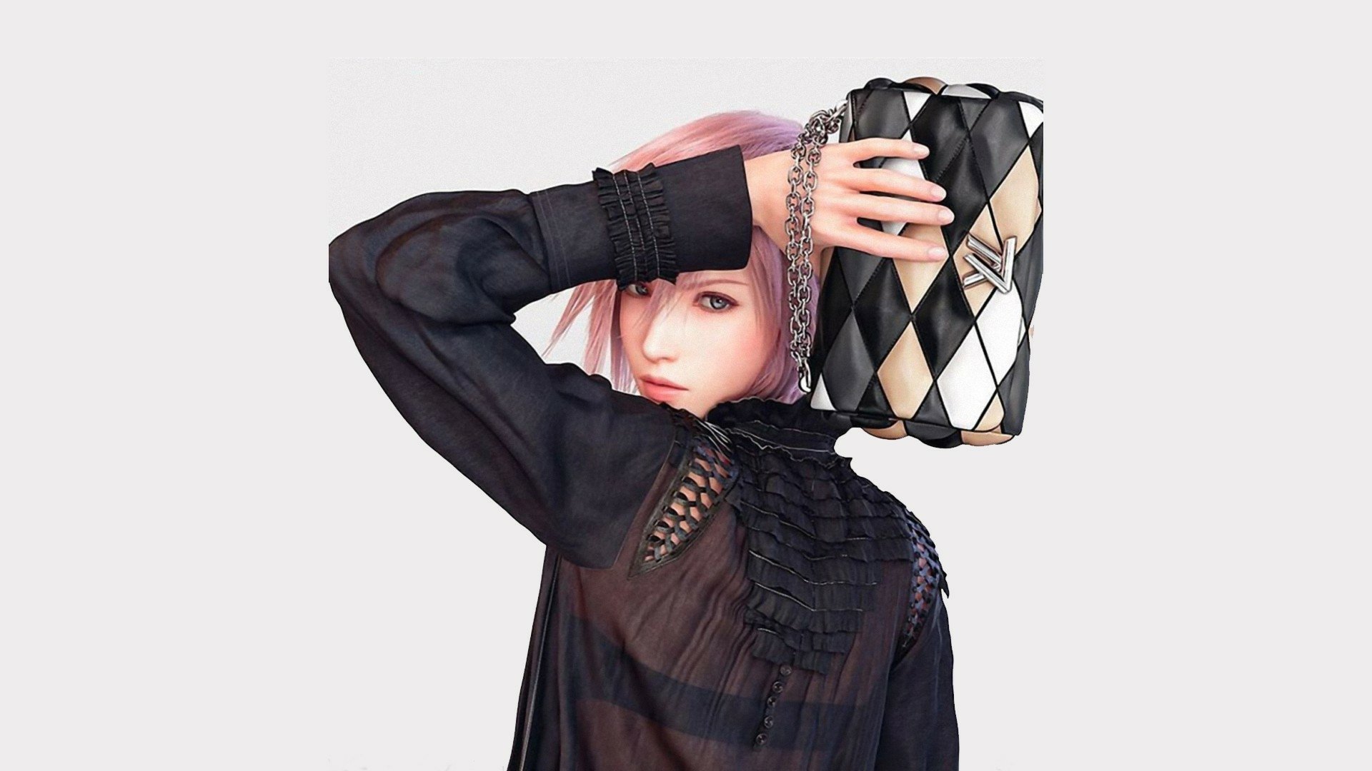 HD PC desktop wallpaper featuring a character from the video game Final Fantasy XIII holding a checkered pouch against a plain white background.