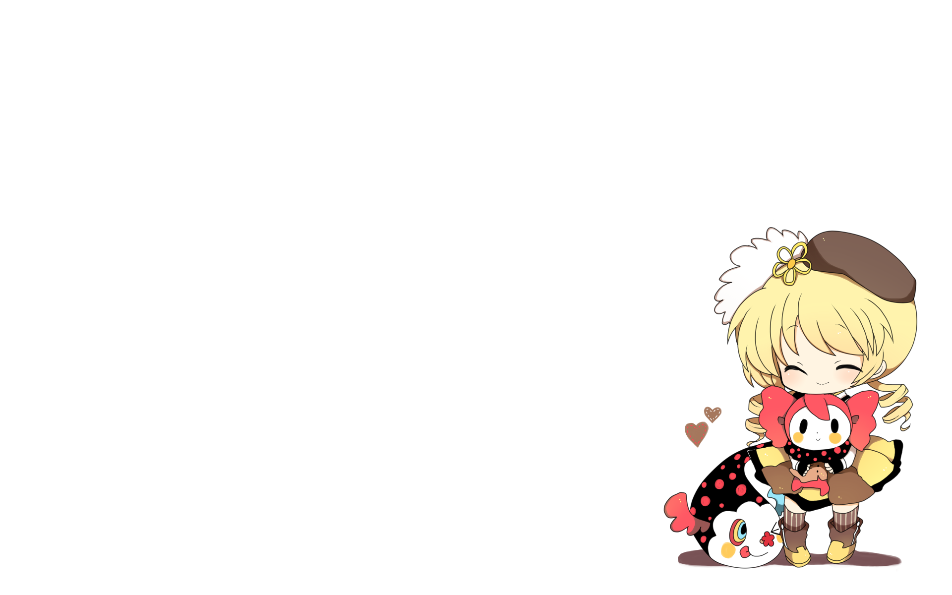 HD PC desktop anime wallpaper featuring chibi Mami Tomoe with Charlotte (Puella Magi Madoka Magica) cuddling cute dessert-like creatures in the lower-right corner on a white background.