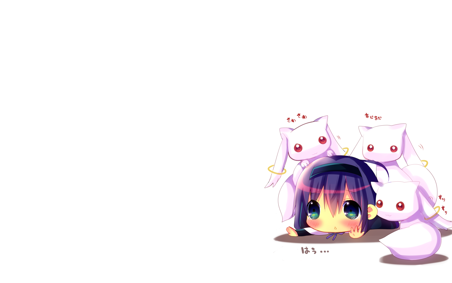 Chibi Homura Akemi peeking from the lower-right, surrounded by multiple Kyuubey creatures — a bright white HD PC desktop wallpaper from the Puella Magi Madoka Magica anime.