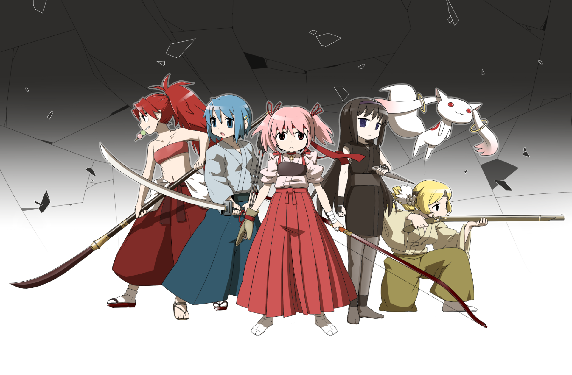 HD desktop wallpaper featuring Kyuubey, Kyōko Sakura, Sayaka Miki, Mami Tomoe, Homura Akemi, and Madoka Kaname from the anime Puella Magi Madoka Magica.