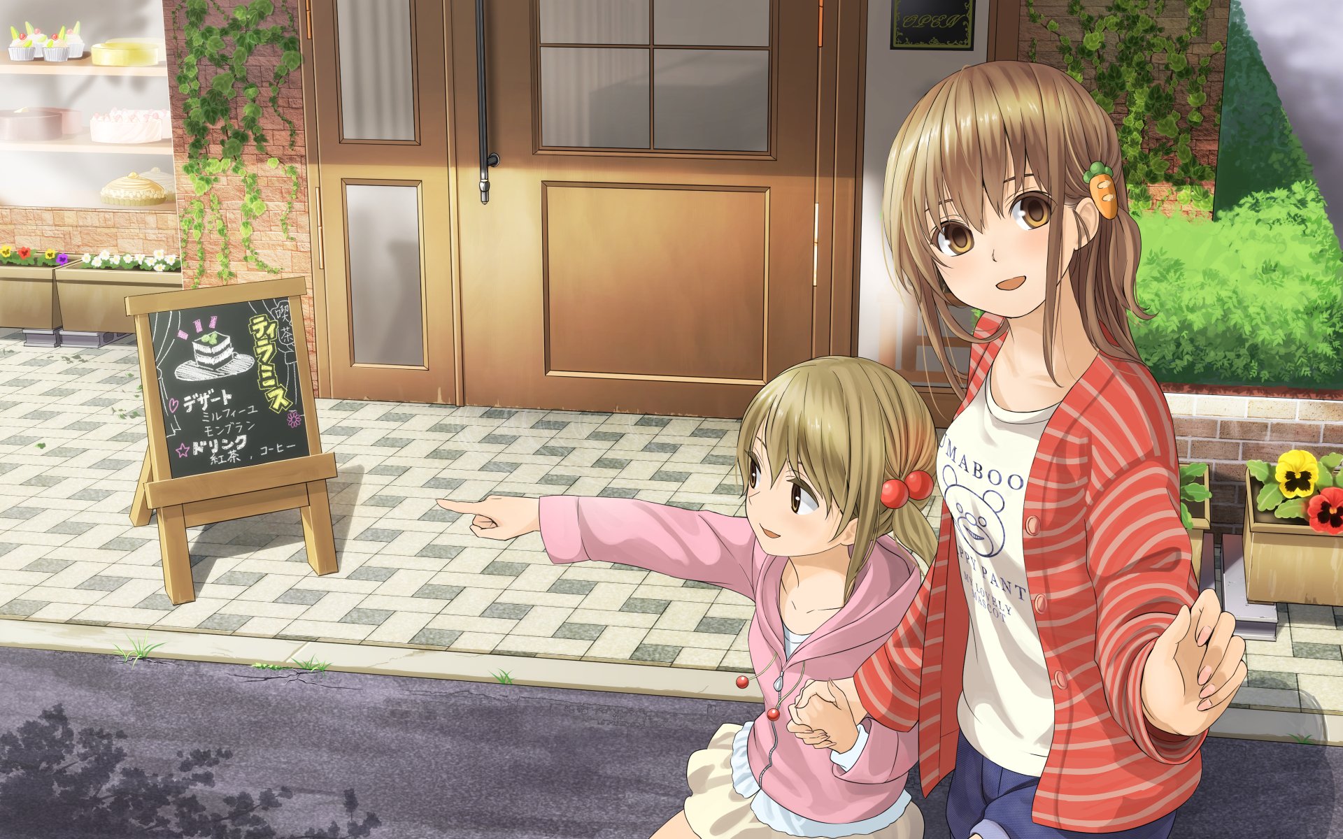 A delightful anime scene depicting two girls, one older and one younger, joyfully walking outside a quaint shop, surrounded by greenery. An HD wallpaper for PC backgrounds.