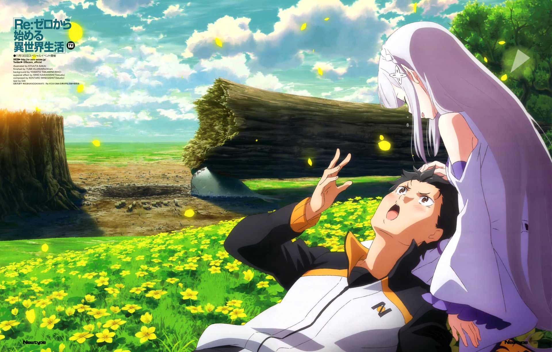 A vibrant 4K Ultra HD wallpaper featuring Subaru Natsuki and Emilia from Re:Zero - Starting Life in Another World, set in a lush, colorful landscape filled with flowers and a bright sky.