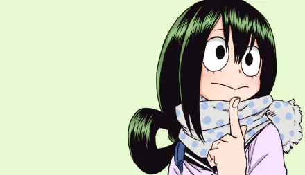 HD desktop wallpaper featuring the anime character Tsuyu Asui from My Hero Academia, set against a light green background.